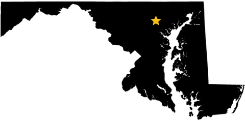 Maryland map with a star on Towson — where we're based