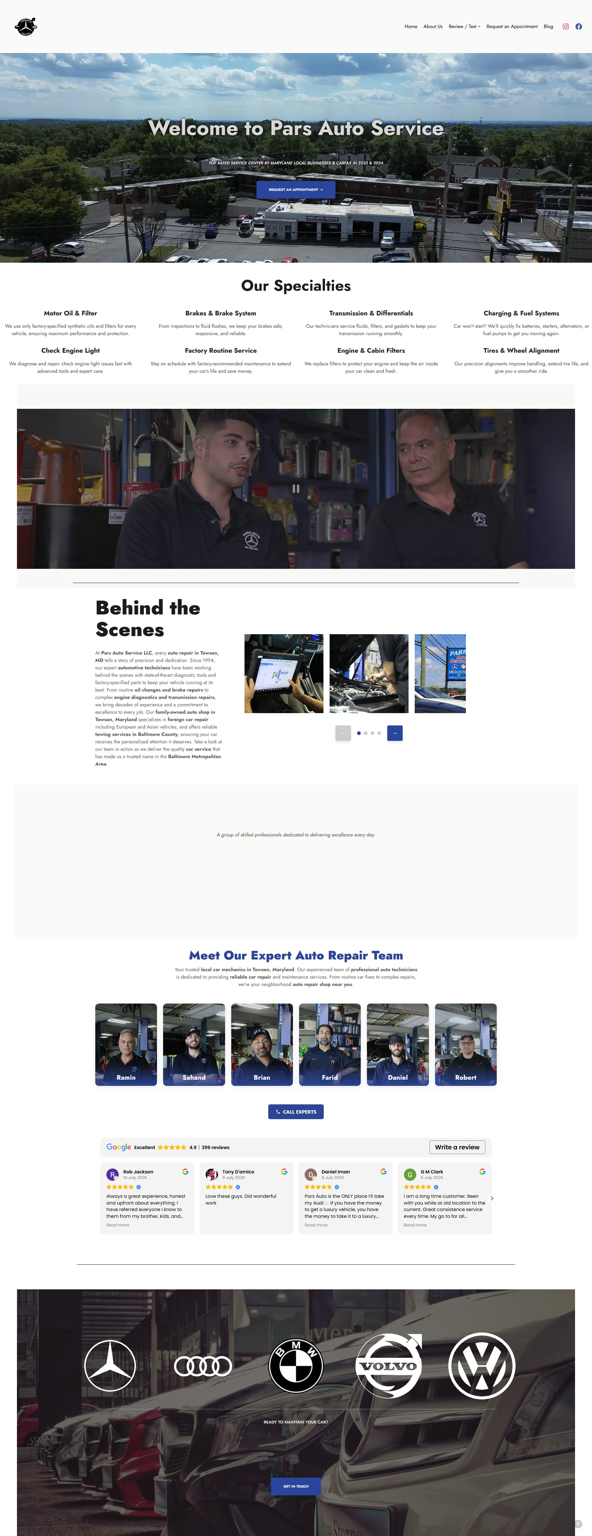 Full-page screenshot of the Pars Auto Service website